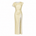 AVELIA – Vestido Largo Satinado con Encaje Floral