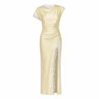 AVELIA – Vestido Largo Satinado con Encaje Floral