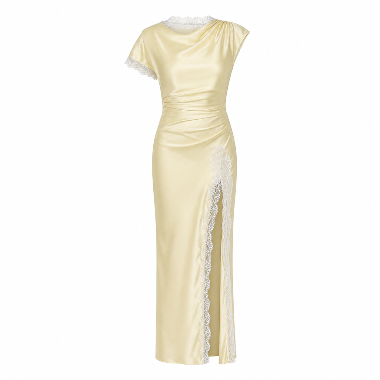 AVELIA – Vestido Largo Satinado con Encaje Floral