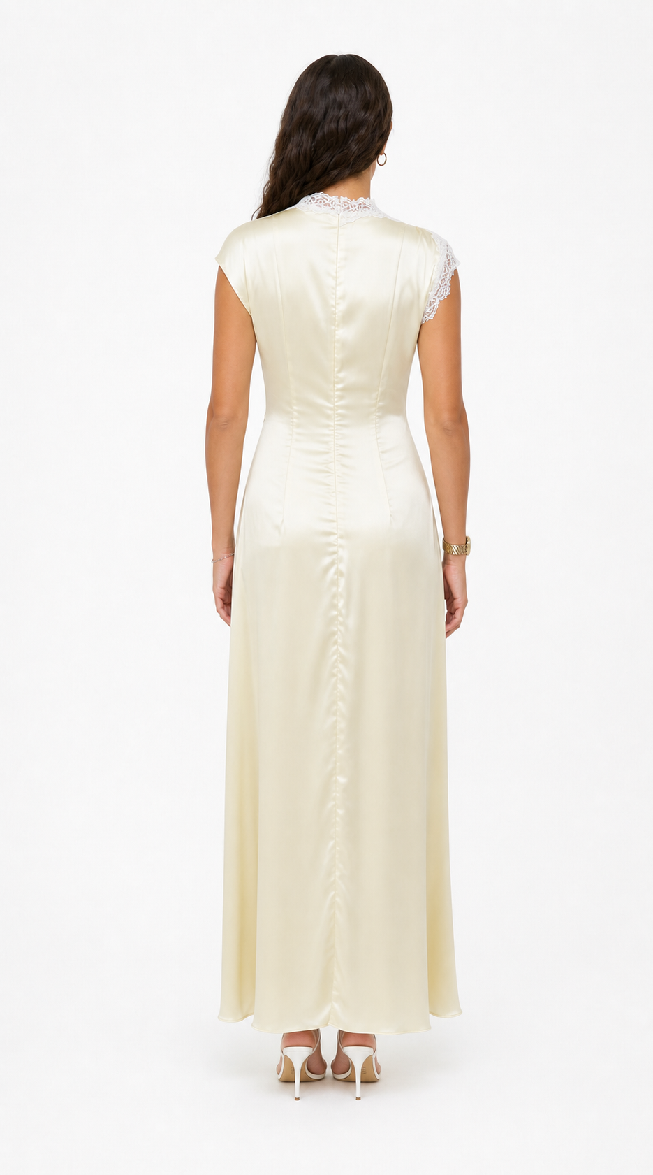 AVELIA – Vestido Largo Satinado con Encaje Floral