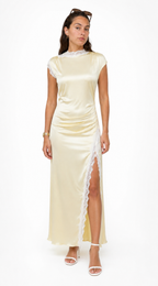 AVELIA – Vestido Largo Satinado con Encaje Floral