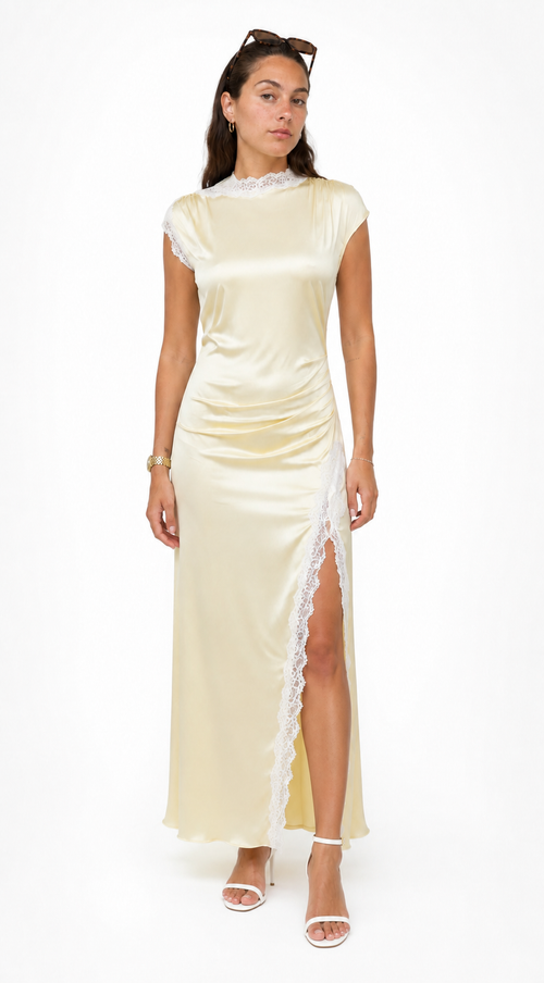 AVELIA – Vestido Largo Satinado con Encaje Floral